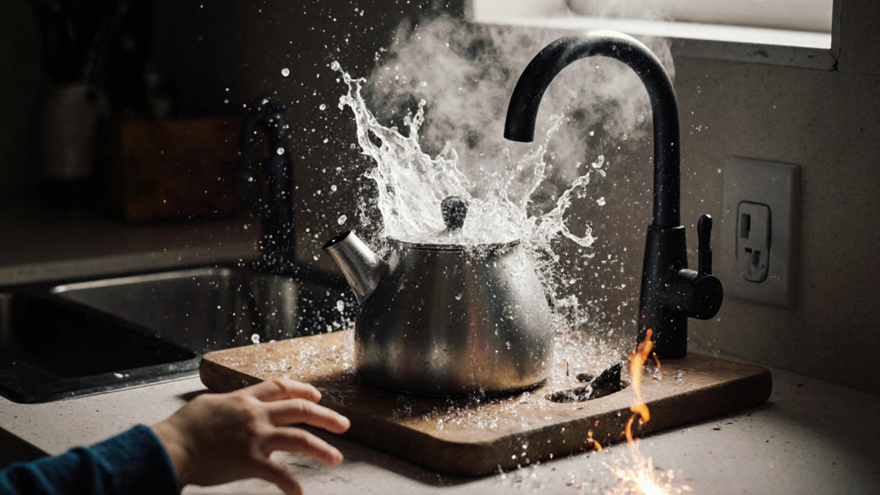 Kettle tipping on unstable surface, water splashing as child reaches nearby.