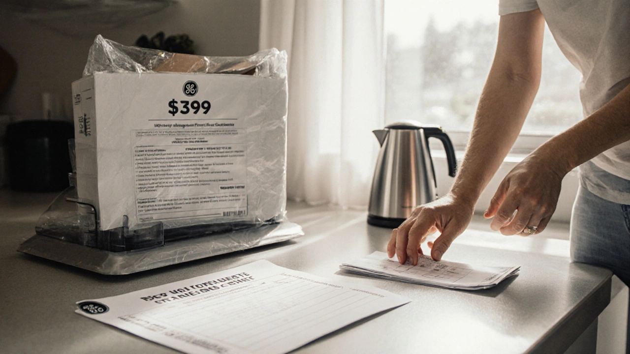 Refurbished dishwasher being unboxed with warranty card, receipt, and rebate form on a kitchen counter.