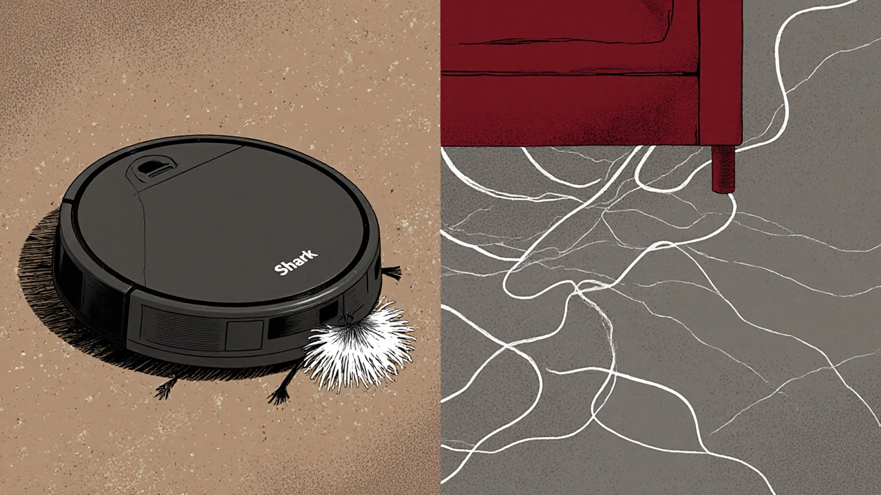 Shark robot spinning on carpet with pet hair tangled in brush roll, compared to a mapping robot.