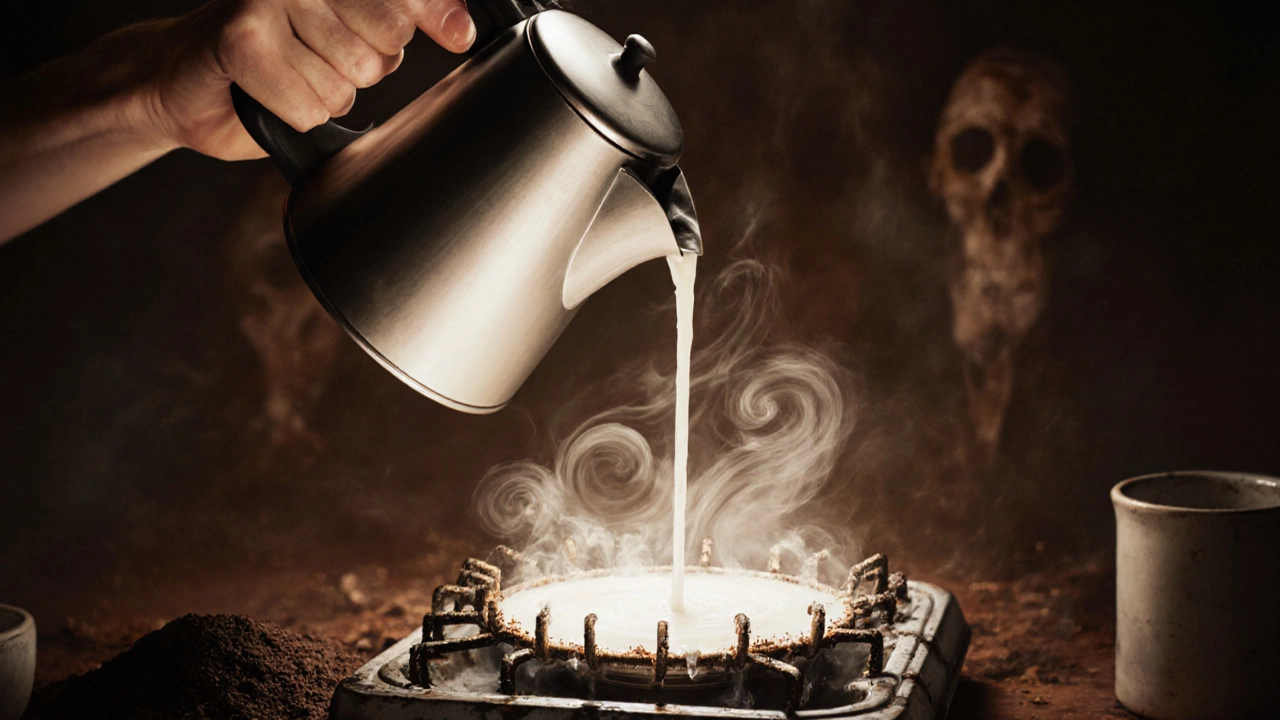 Someone pouring milk into an electric kettle, with residue forming inside.