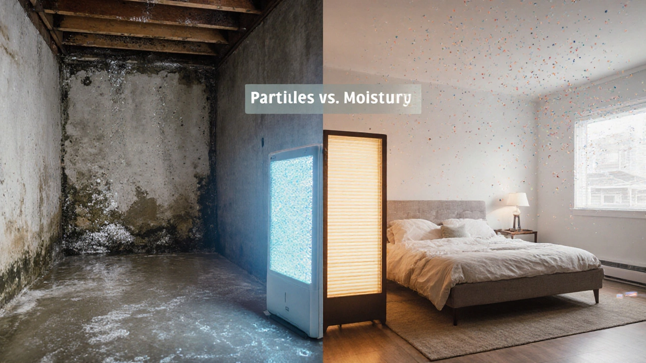 Split visual showing mold in a humid basement and airborne particles being filtered in a clean bedroom.
