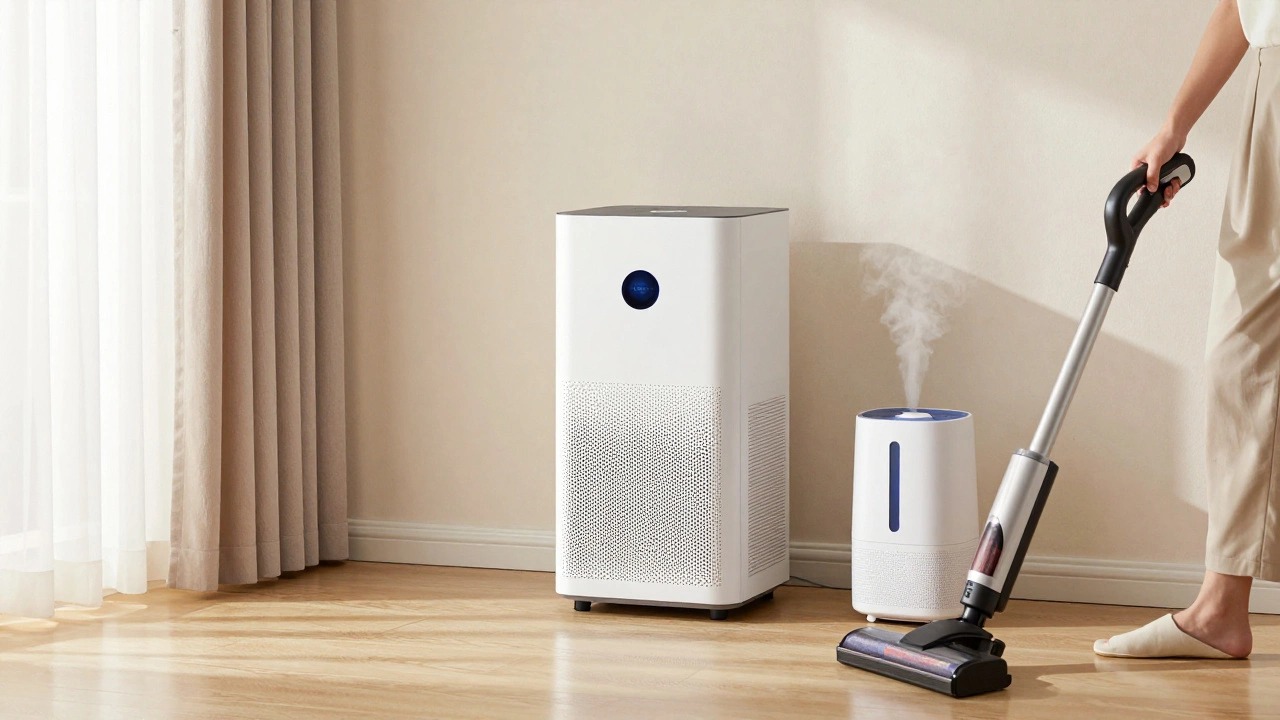 A clean, balanced home with air purifier, vacuum, and humidifier working together effectively.