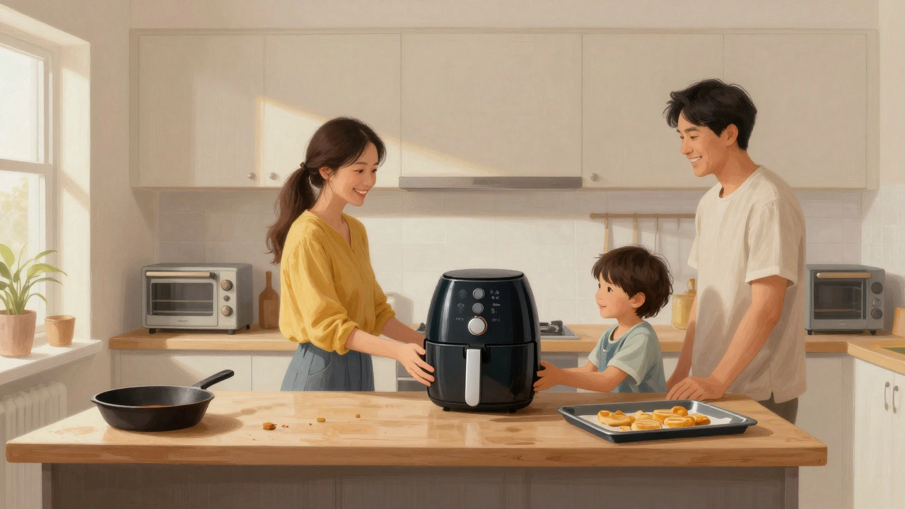 A couple passing an air fryer to their child while a cast iron skillet and toaster oven sit usefully on the counter.