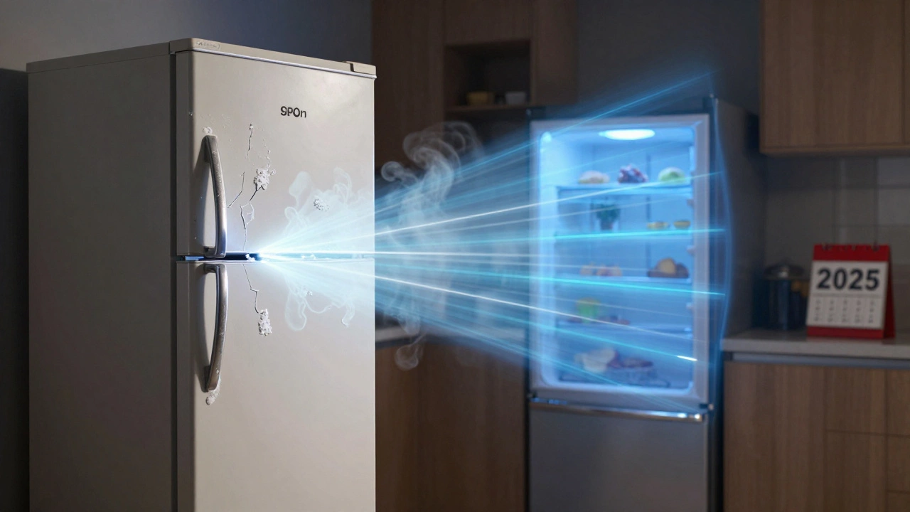 A cracked, frosty old fridge emitting heat and CO₂, contrasted with a sleek modern fridge radiating calm blue energy.