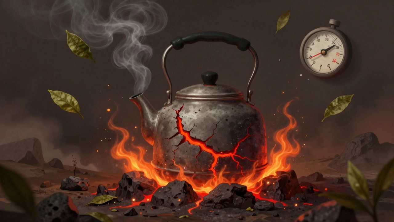A cracked kettle erupting with mineral deposits and fire, symbolizing overheating and failure.