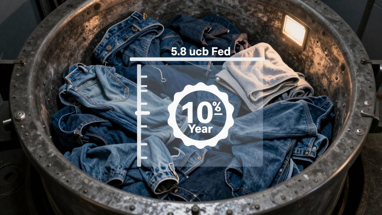 A dense load of heavy fabrics inside a washing machine drum, glowing with warm light and textured by fabric folds.