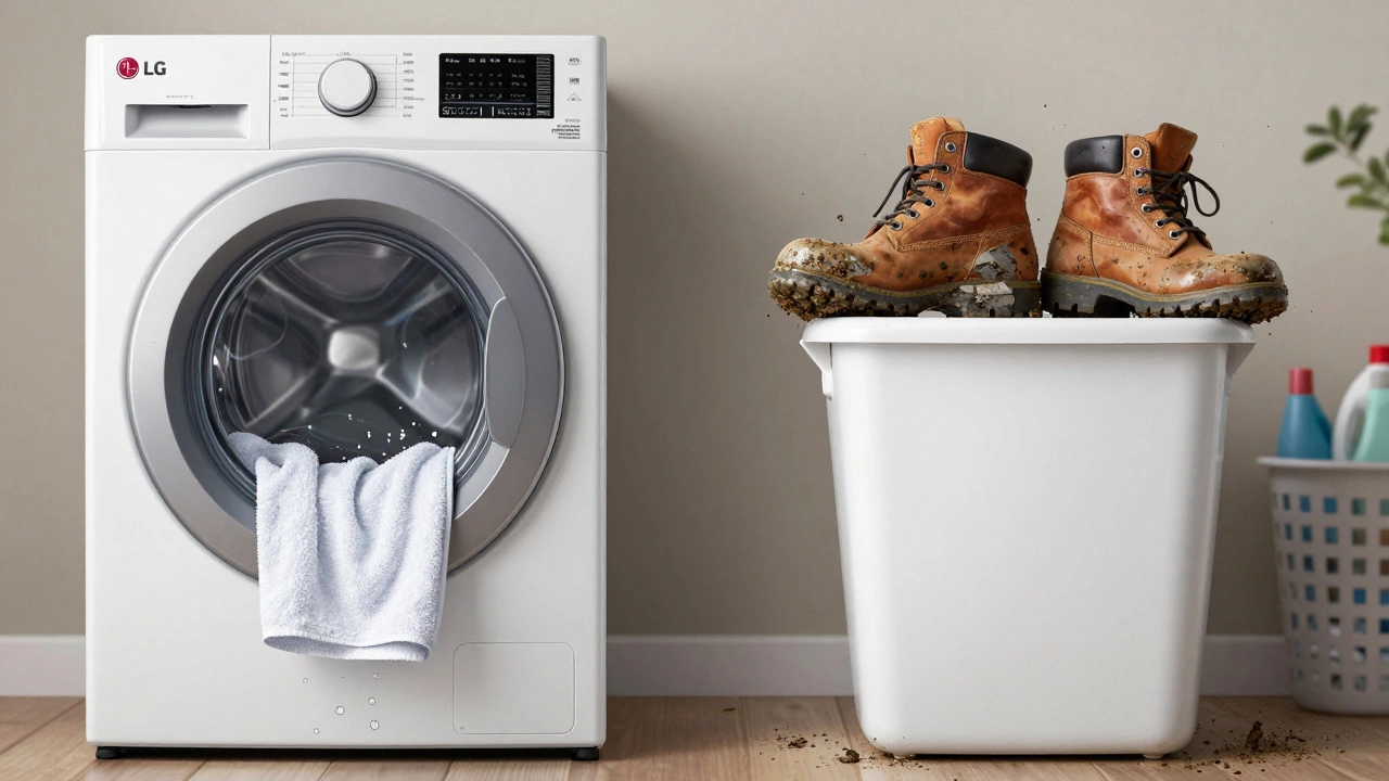 A high-efficiency front-load washer spinning water from a towel compared to a struggling top-load washer with muddy boots.