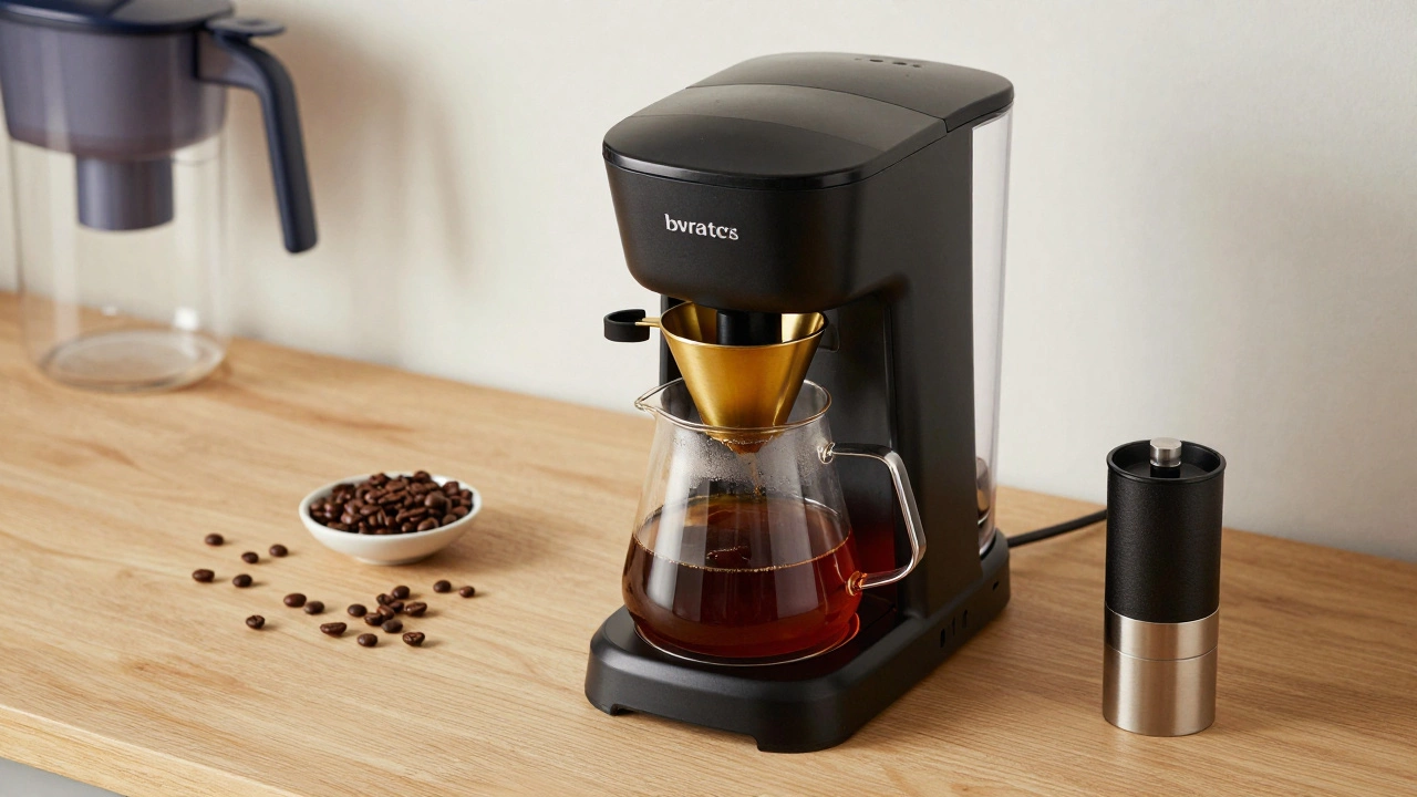 A high-quality coffee maker brewing a rich pot with beans and grinder nearby.