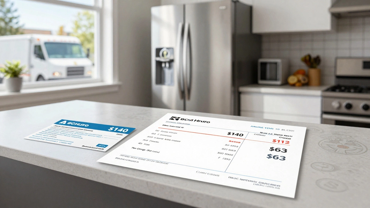 A kitchen counter showing two utility bills — one high, one low — with a recycling truck and rebate voucher visible outside.