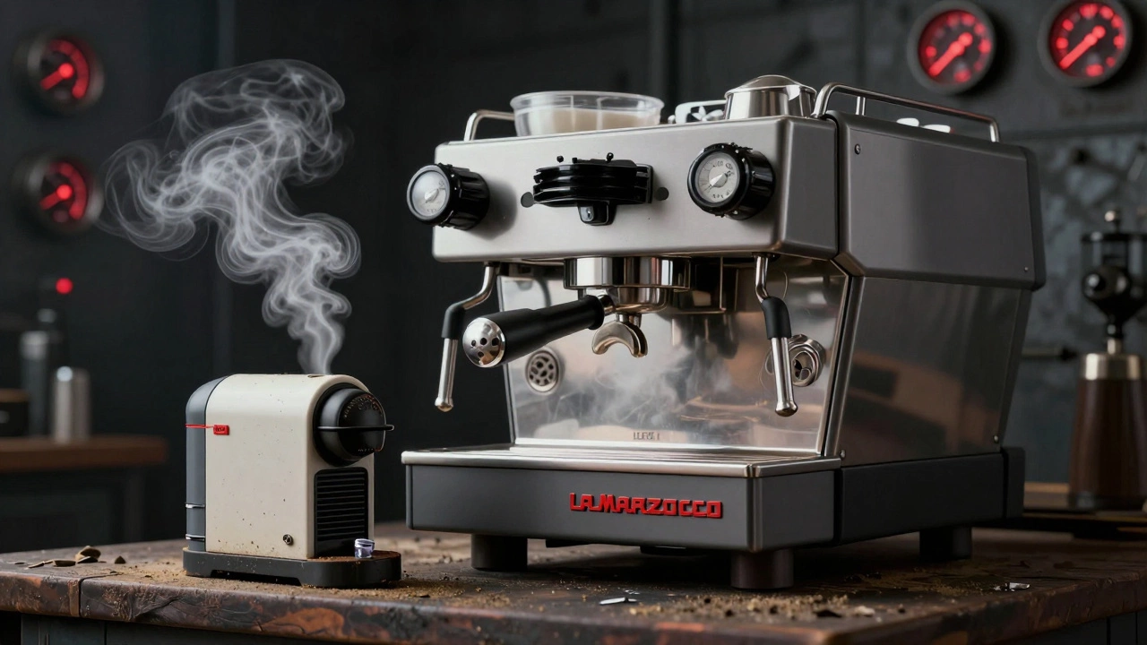 A professional espresso machine standing tall over a broken cheap pod machine.