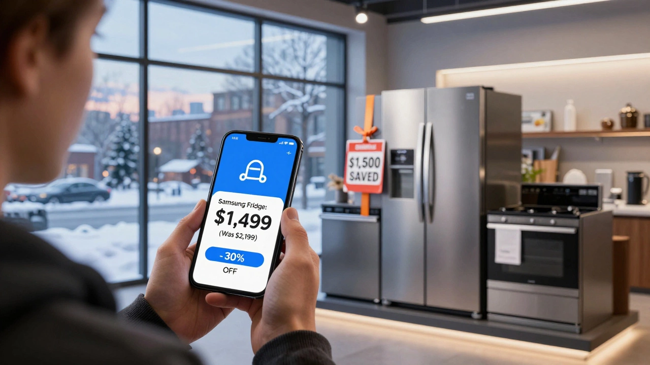 A shopper checks a smartphone price alert for a discounted fridge while a bundled kitchen appliance set is wrapped in a ribbon behind them.