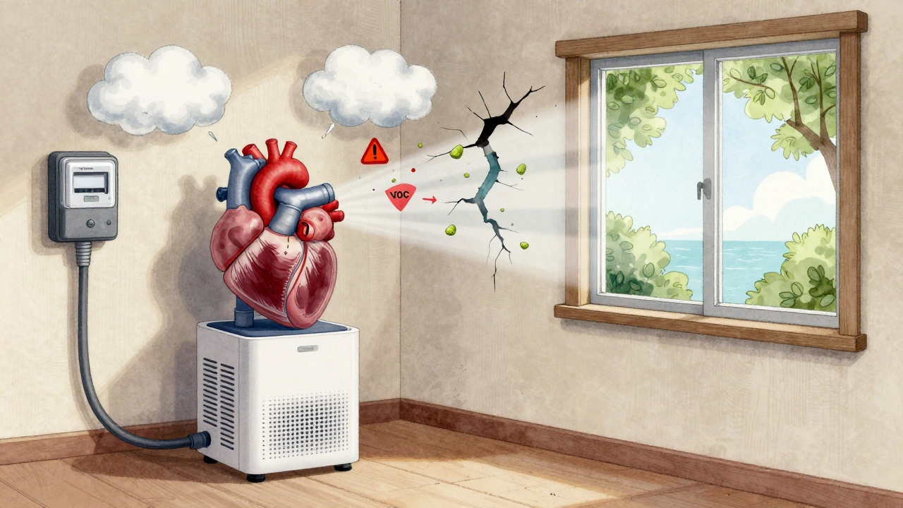 A symbolic illustration of a HEPA purifier as a mechanical heart struggling against indoor pollutants.