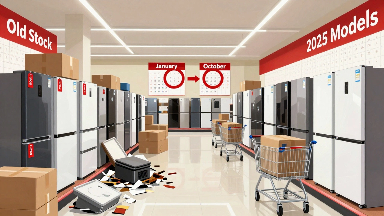 An artistic split scene showing old appliance stock on the left and new models on the right, with January and October marked on a calendar.