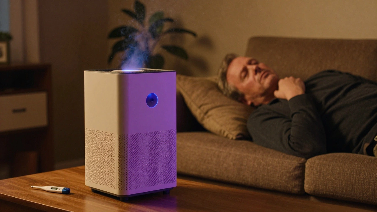 An ionizing air purifier emitting faint purple haze in a dim room while someone sleeps nearby.
