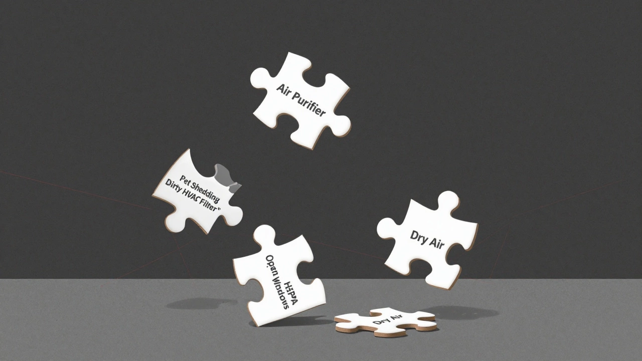 Broken puzzle pieces represent causes of dust, with air purifier isolated and ineffective.