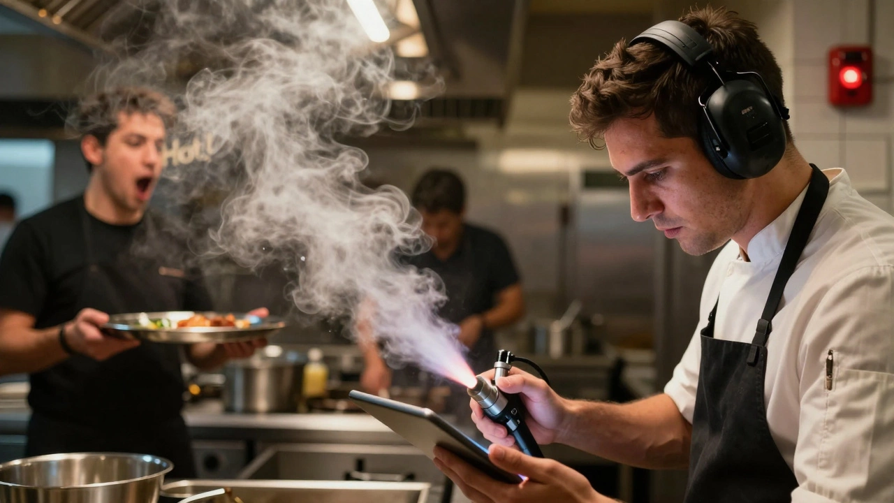 Chef in kitchen wearing noise-cancelling headphones while emergency alarm glows nearby.