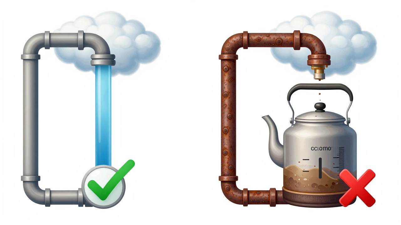 Diagram showing cold water flowing cleanly into a kettle versus hot water passing through rusty pipes with scale buildup.