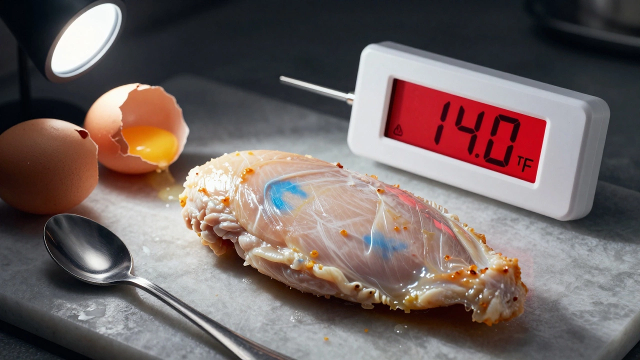 Food thermometer in microwave-heated chicken showing unsafe temperature, with cold spots visible.