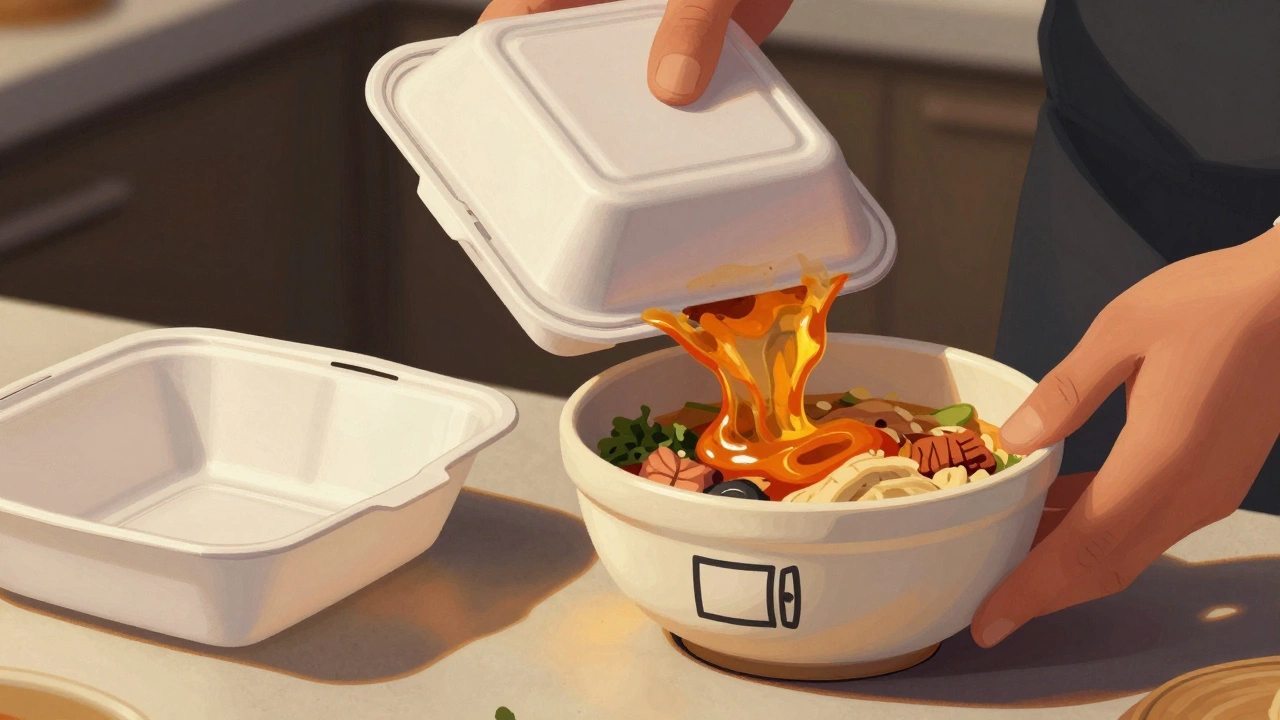 Hand transferring food from Styrofoam to a microwave-safe ceramic dish, with a melted container on the counter.