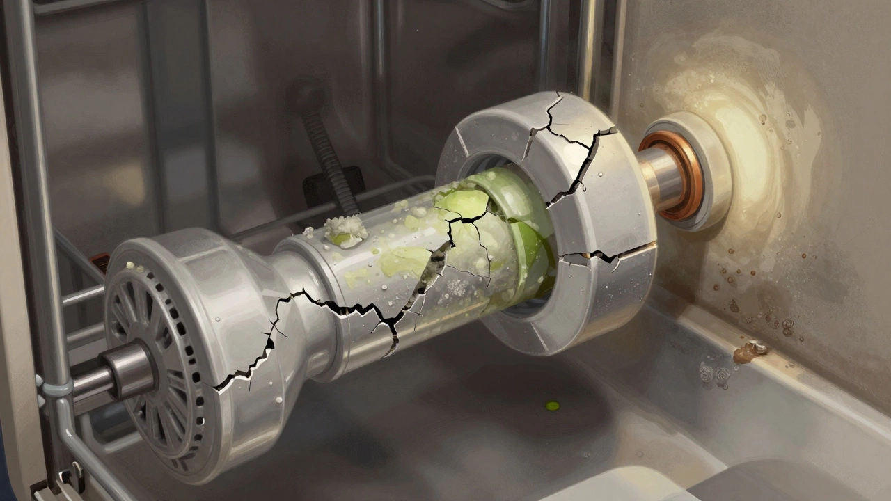 Internal view of a dishwasher with clogged spray arms and mineral buildup, symbolizing wear.