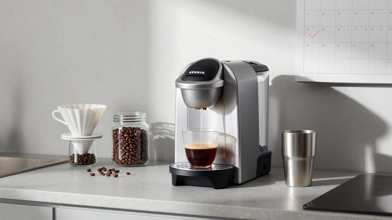 Keurig machine brewing coffee beside reusable filters and coffee beans in a modern kitchen.