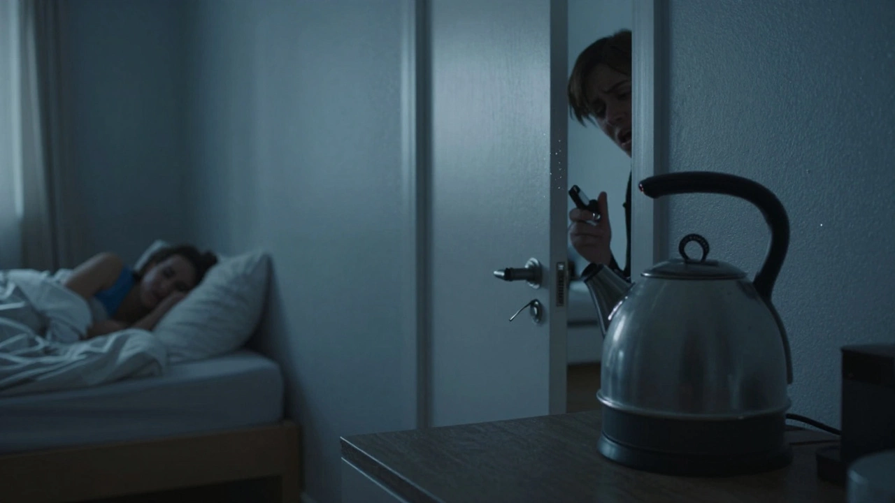 Neighbors reacting to a loud early-morning kettle in a quiet apartment, cord fraying at the plug.