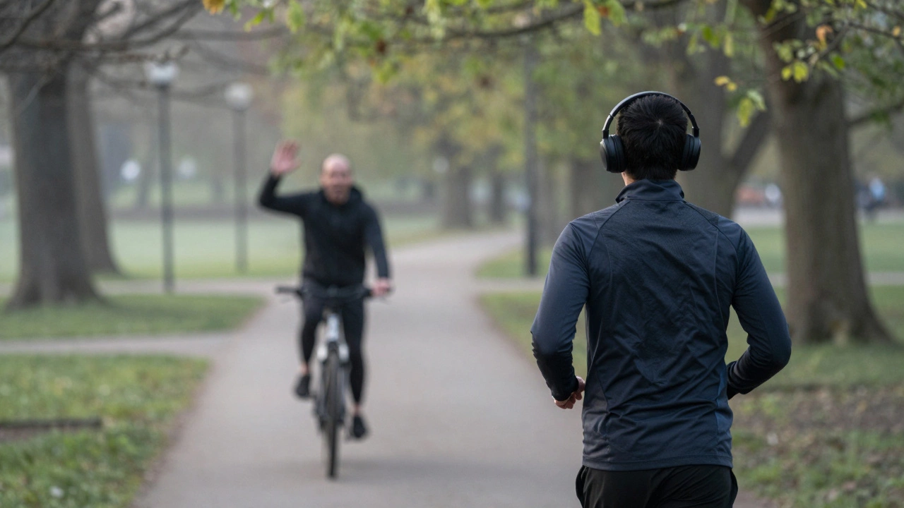 Runner in park with headphones, cyclist approaching unseen from behind.