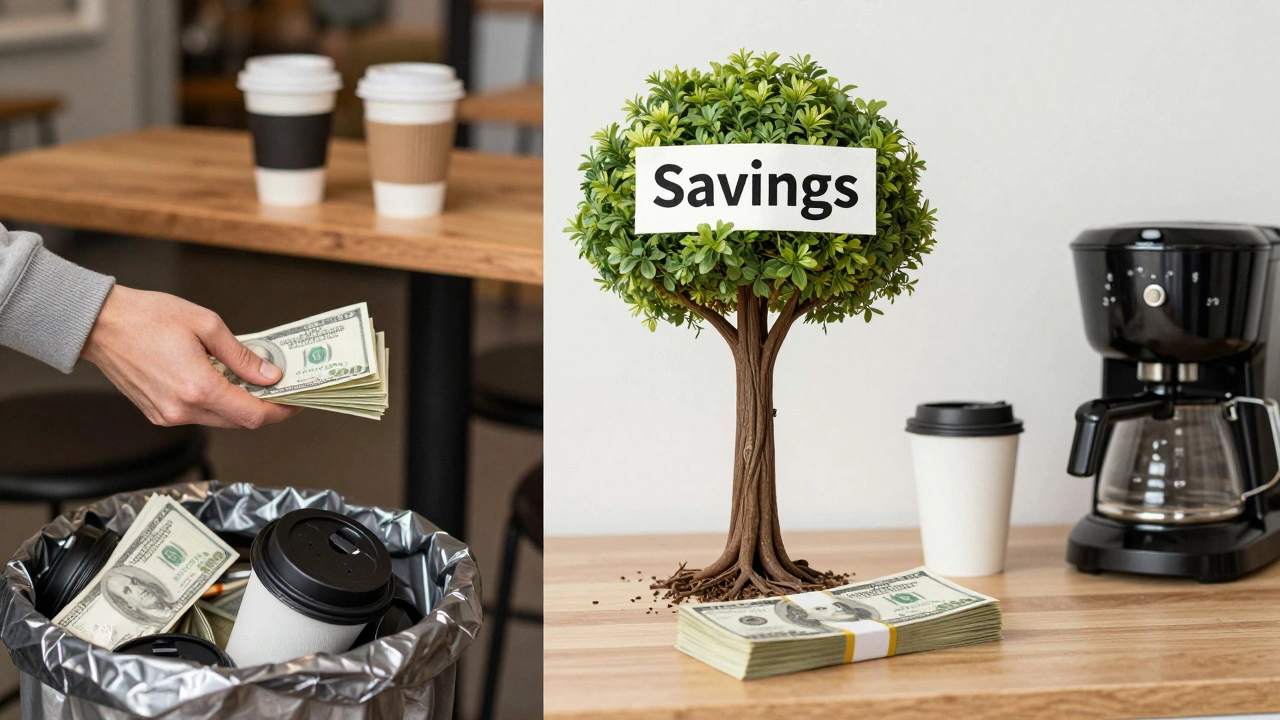 Side-by-side comparison of coffee shop waste vs. home brewing savings with rising stack of money.