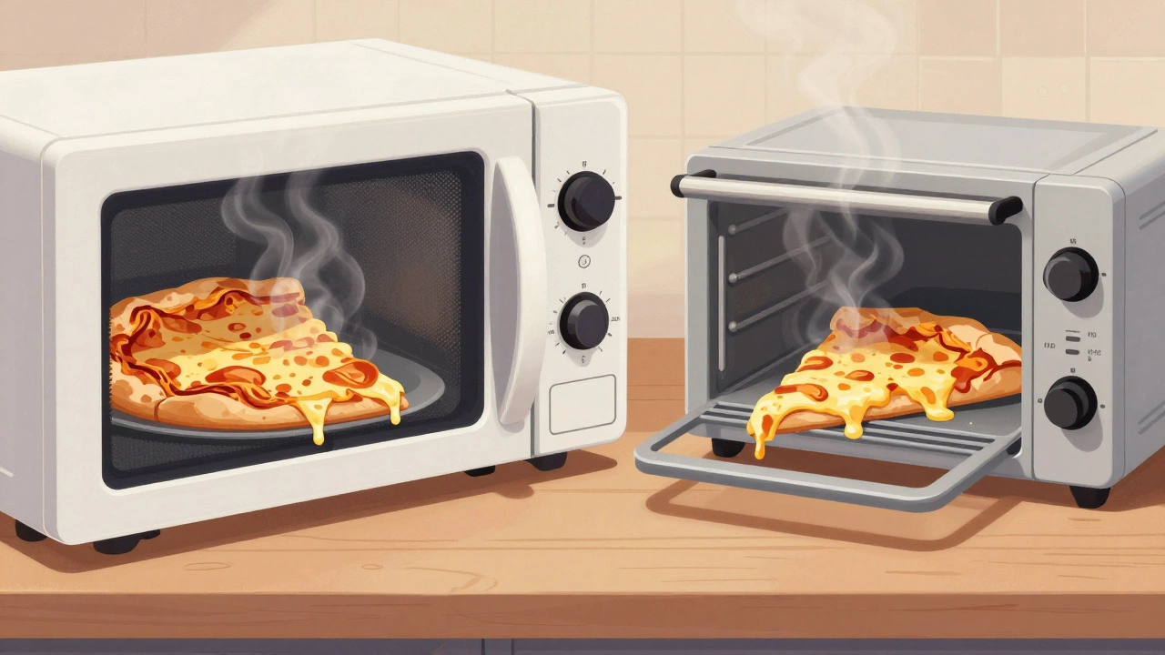 Soggy microwave pizza next to a crispy toaster oven pizza, highlighting texture differences.