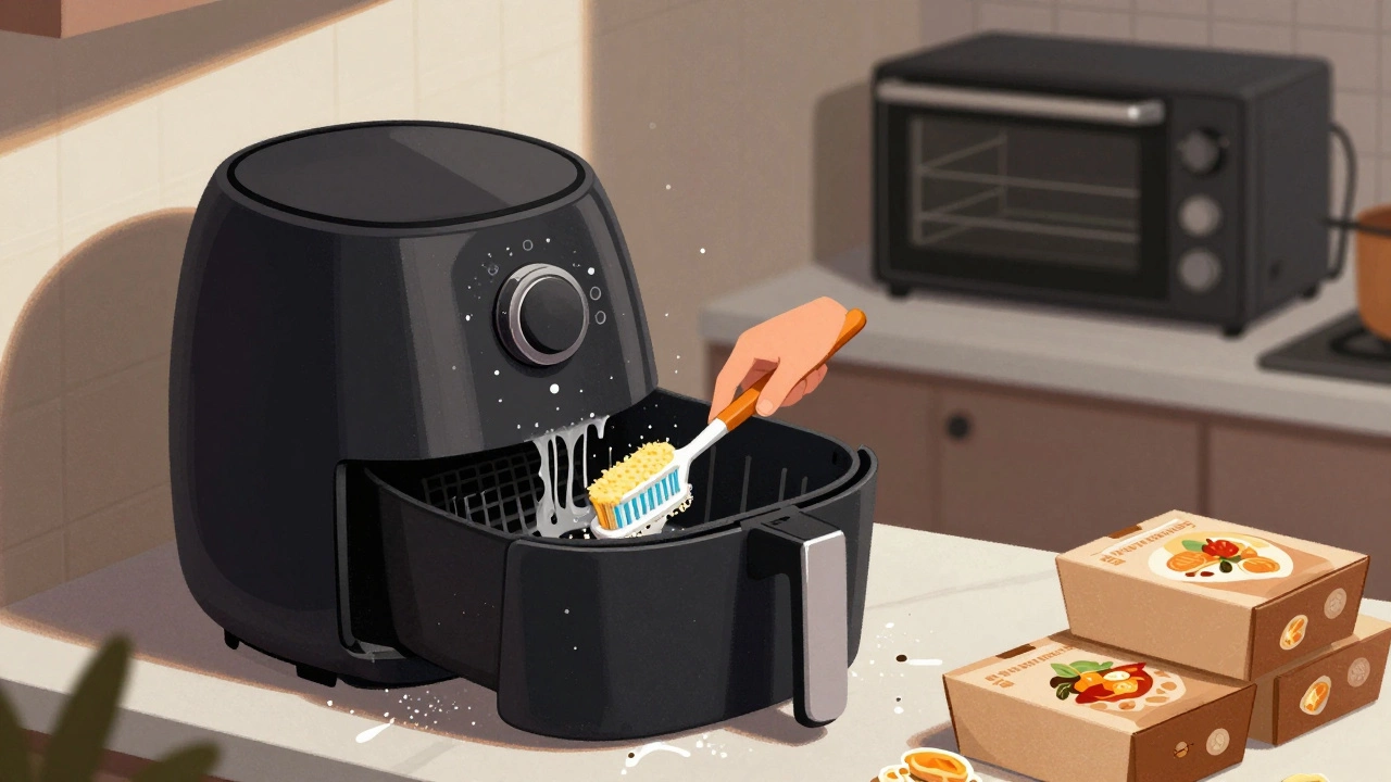 Someone scrubbing a greasy air fryer basket with a toothbrush, grease stains on the counter, frozen food boxes nearby.