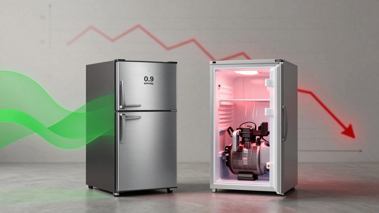 Split image showing efficient new mini fridge versus old overworked one, with energy flow visuals.