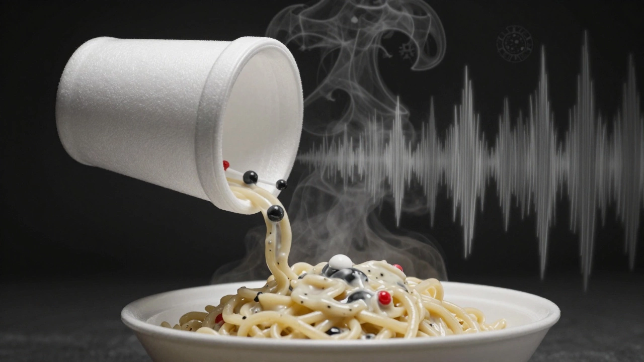 Styrofoam cup leaking chemical molecules into fatty food under microwave waves, with a subtle cancer warning in the steam.