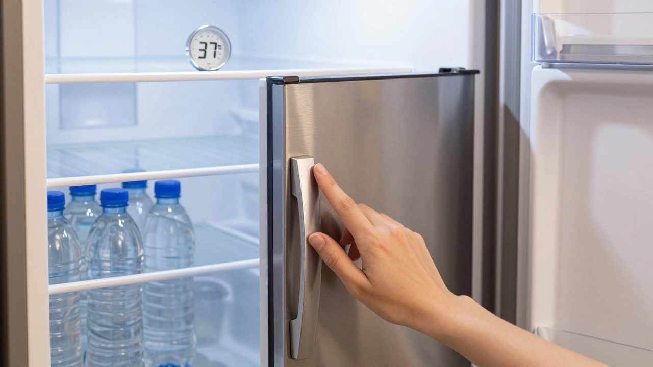 Well-stocked mini fridge with water bottles for thermal mass, thermometer showing 37°F, door closing tightly.