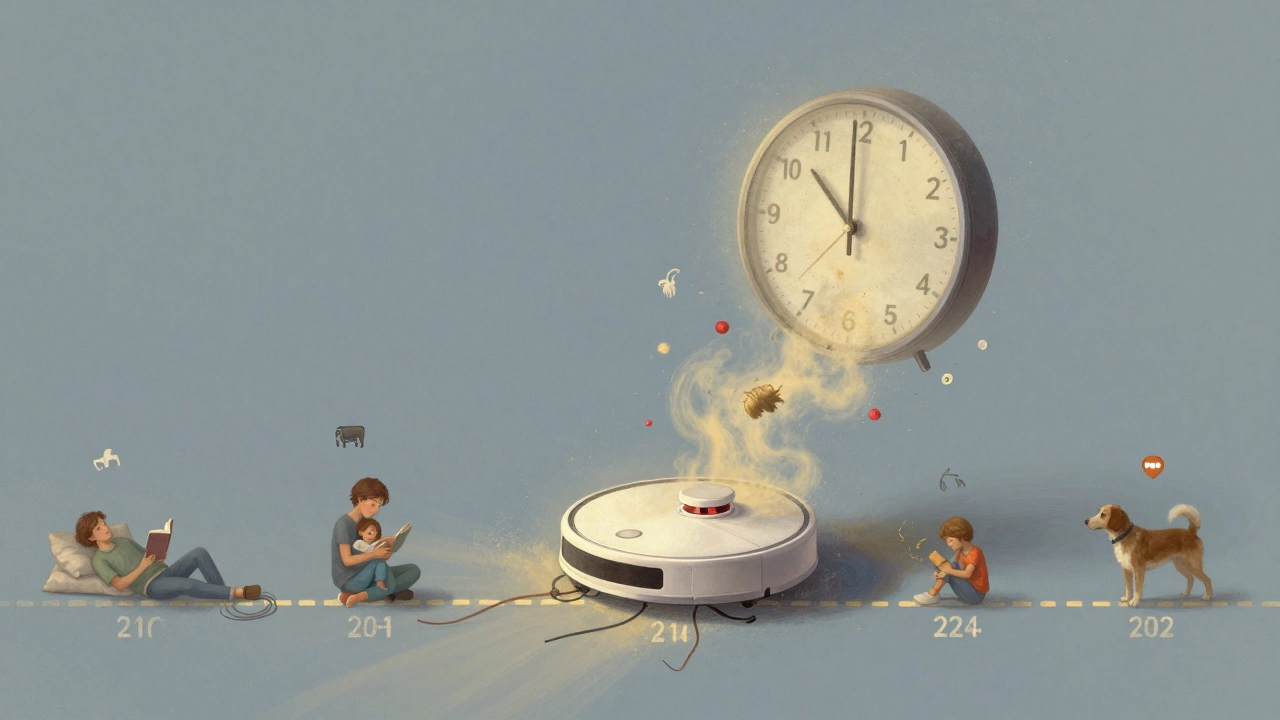 A clock turning into dust as a robot vacuum saves time, symbolizing rest and freedom from chores.