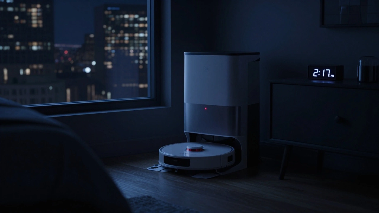 A robot vacuum charging on its base in a dark bedroom at night.