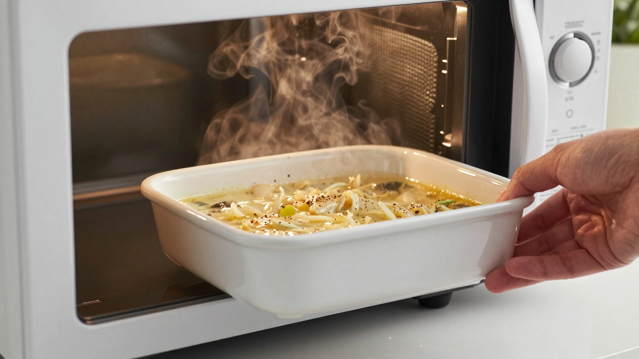 Close-up of a microwave interior with even heating and ceramic surface, steam rising from a heated meal.