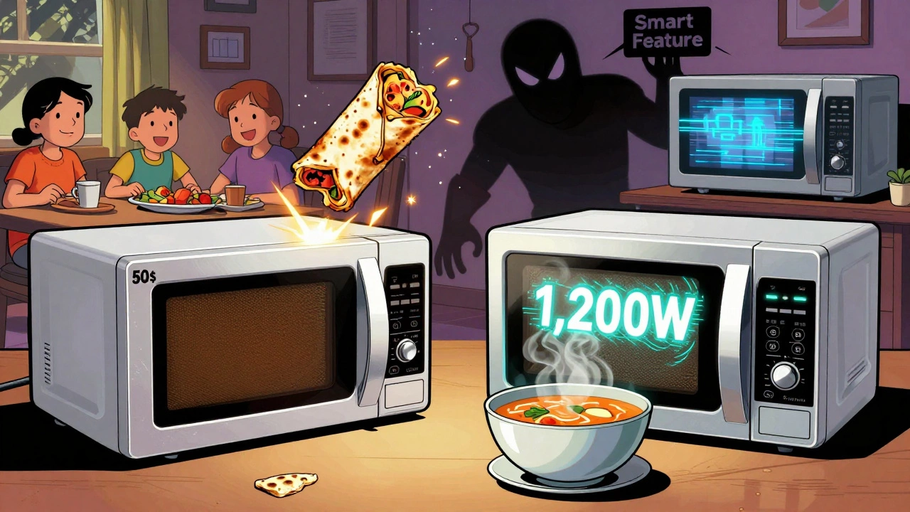 Comic book scene of a budget microwave causing a burnt burrito versus a powerful mid-range microwave steaming food perfectly.