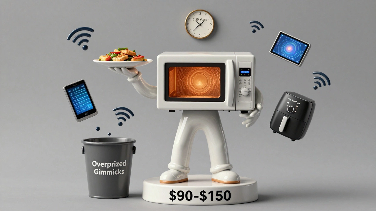 Conceptual image of a microwave person with ceramic body and inverter core, surrounded by discarded tech gimmicks sinking into trash.