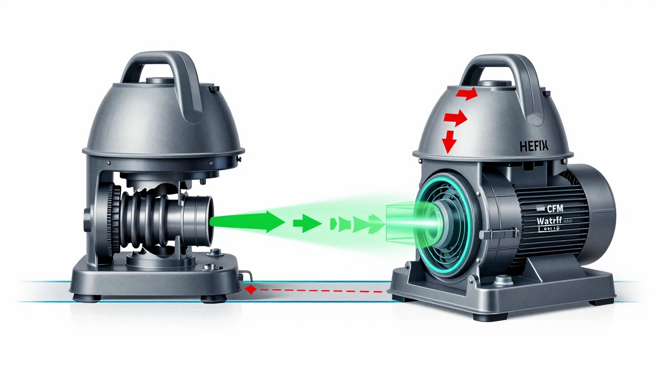 Cross-section of vacuum systems comparing air leakage versus sealed airflow with labeled performance metrics.