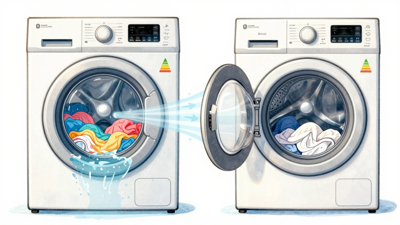 Cross-sectional illustration comparing how top-load and front-load washers clean clothes with water flow and motion.