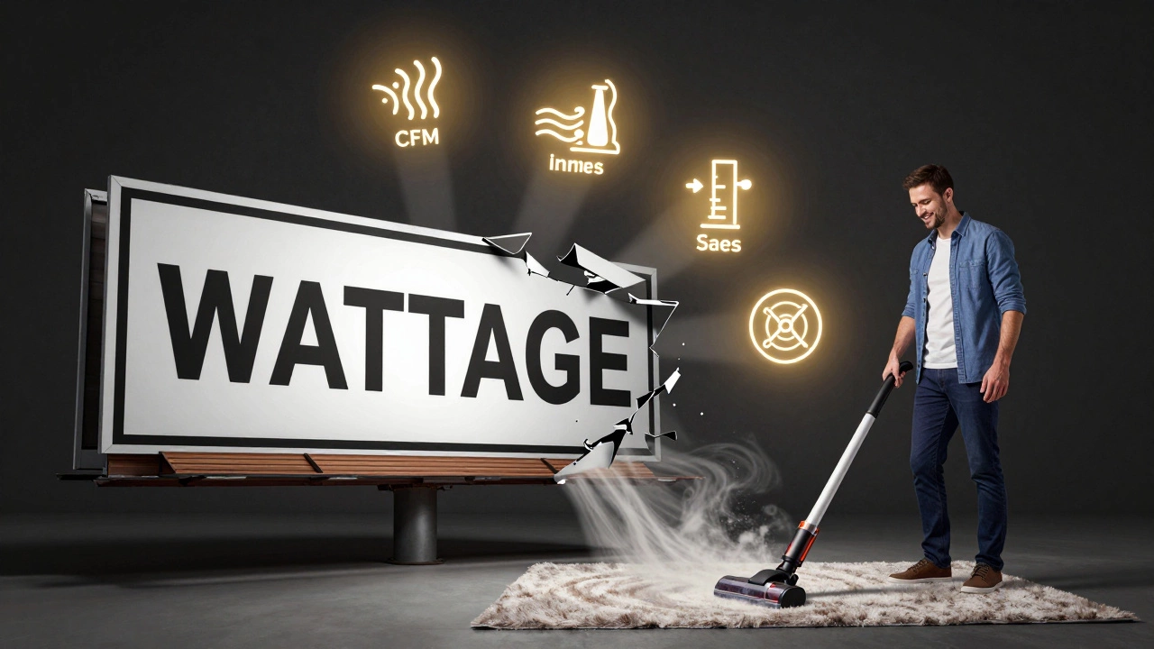 Crumbling 'WATTAGE' sign replaced by glowing icons of airflow, water lift, and sealed system, symbolizing smarter vacuum choice.