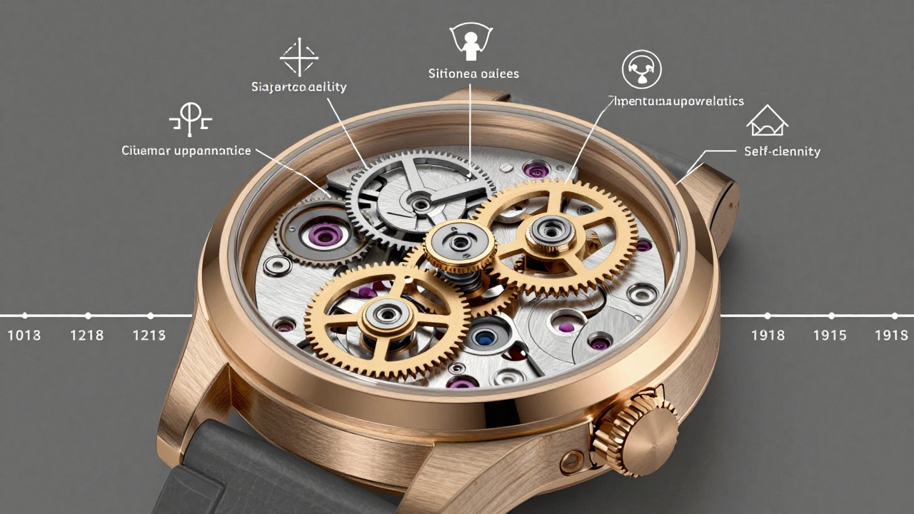 Jura coffee machine depicted as a Swiss watch with internal gears symbolizing durability, software updates, and self-cleaning.