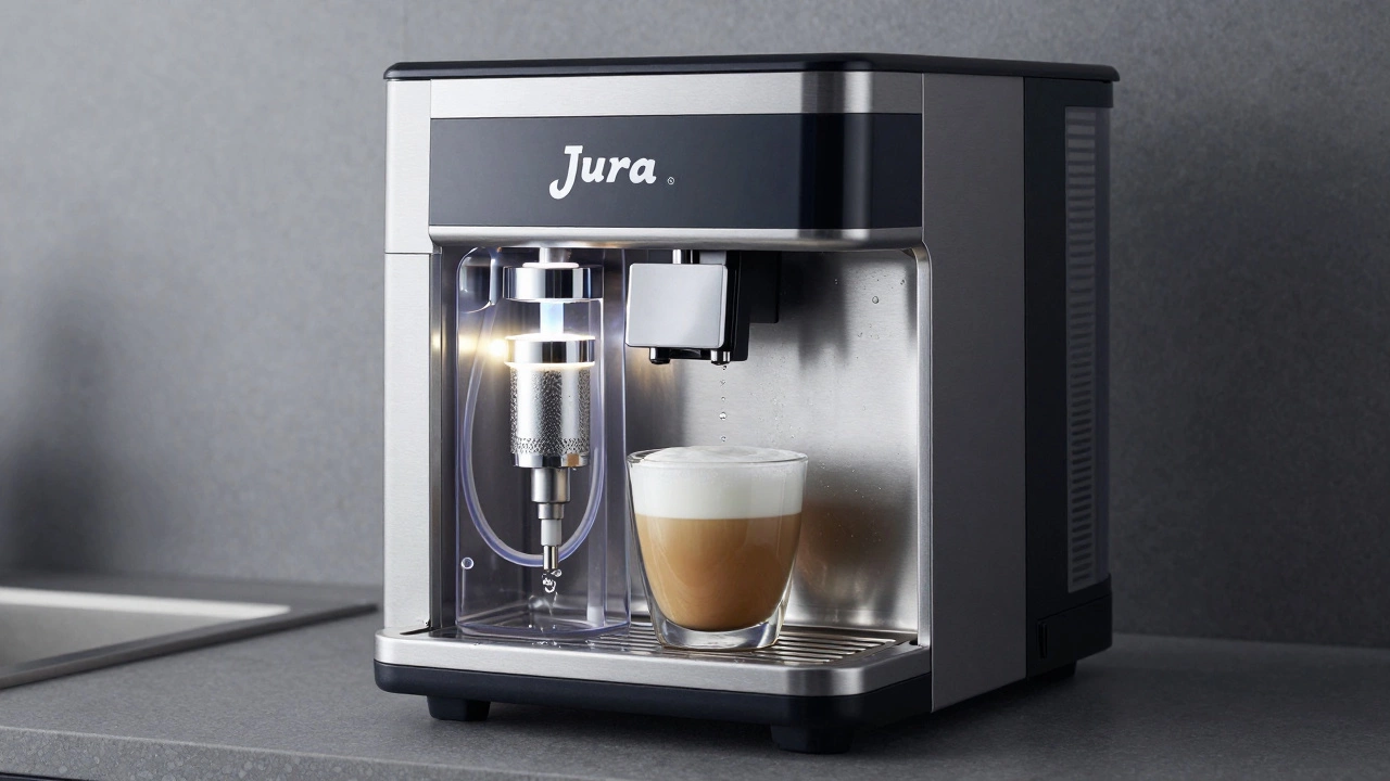 Jura machine automatically cleaning its milk system, internal components visible, water droplets glistening in modern kitchen.