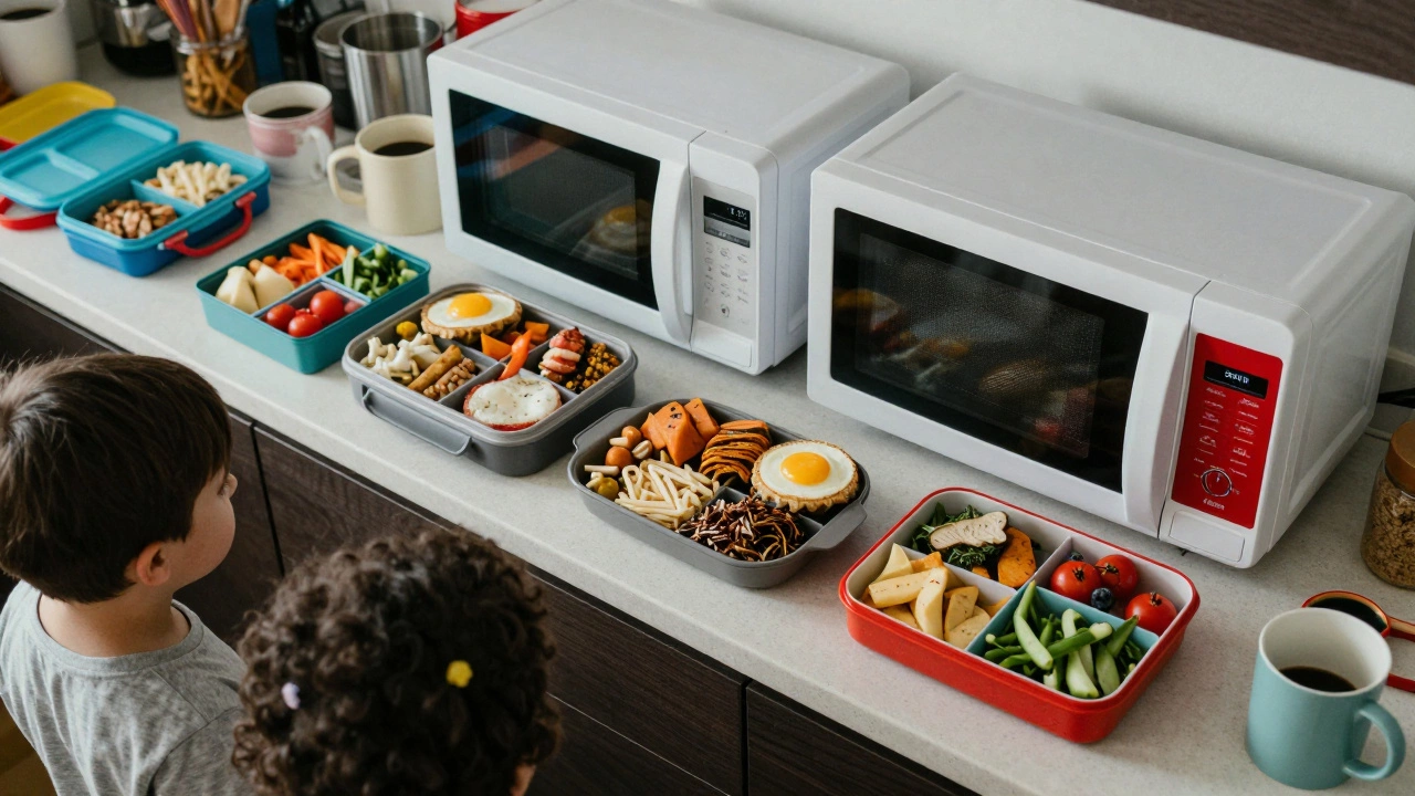 Multiple frozen meals on a counter, one marked for 800W microwave with a slow timer running.