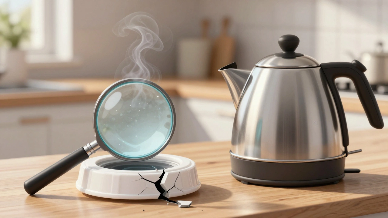 Side-by-side comparison of a damaged plastic kettle base leaking fumes and a safe stainless steel kettle.