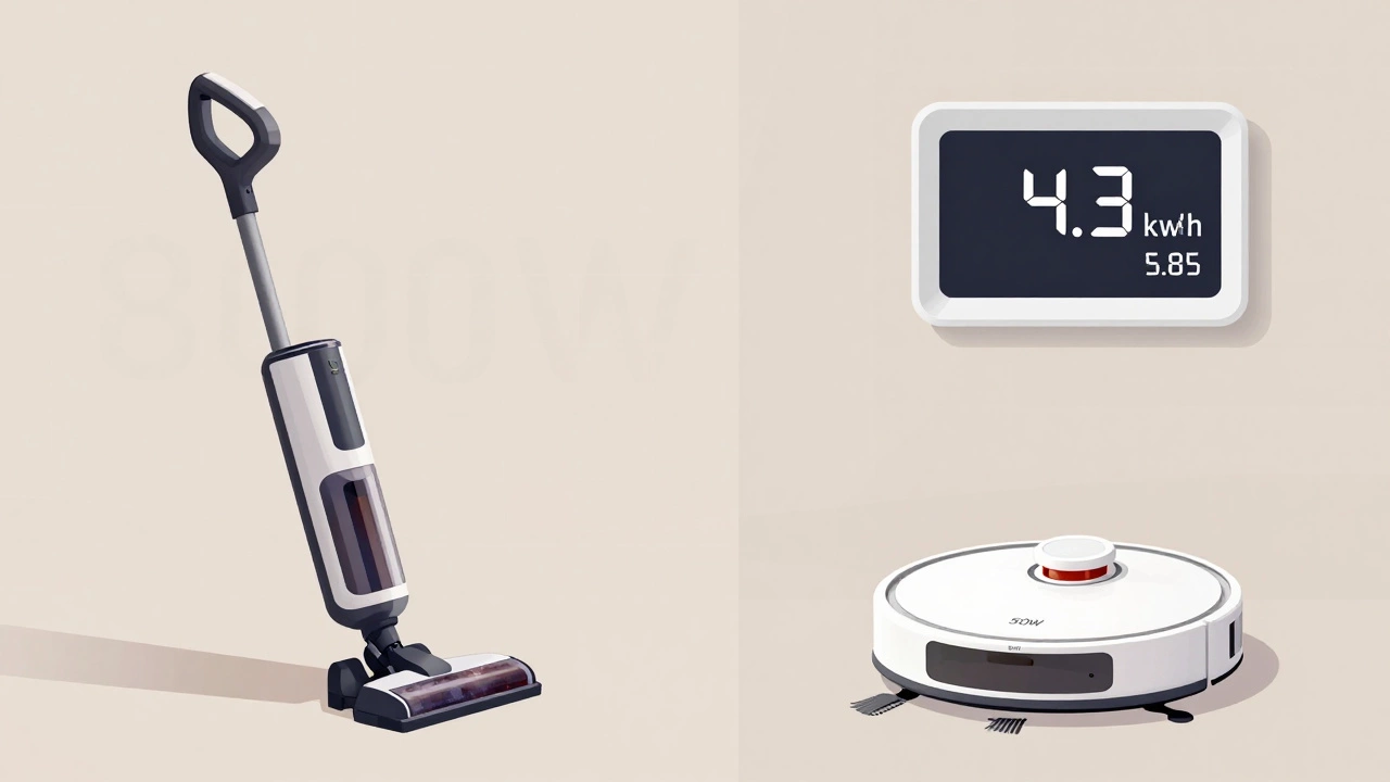 Side-by-side comparison of a traditional vacuum and a robot vacuum with energy usage labels.