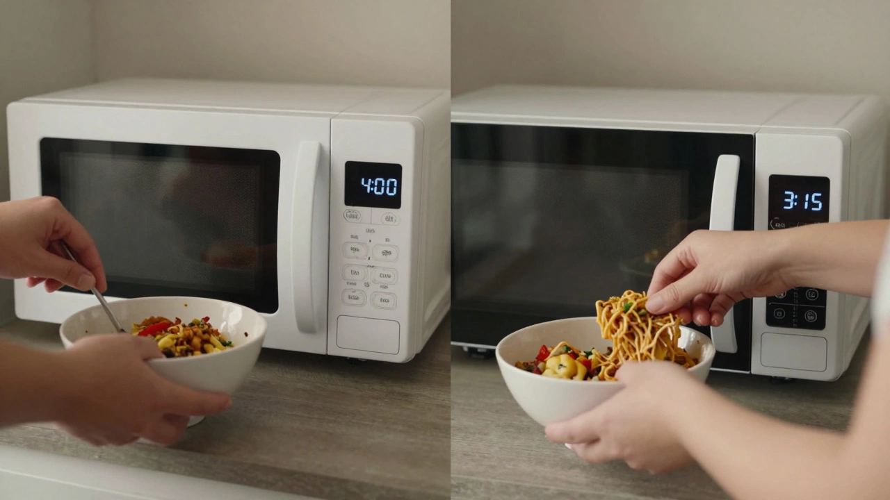 Side-by-side comparison of microwave cooking times: 4 minutes vs. 3 minutes for the same meal.