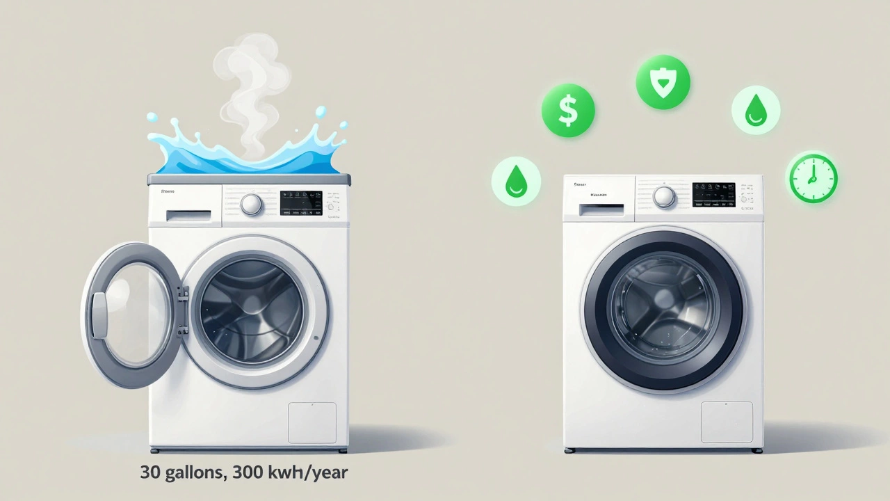 Side-by-side comparison of old inefficient washer versus new 5-star washer with energy and water savings icons.