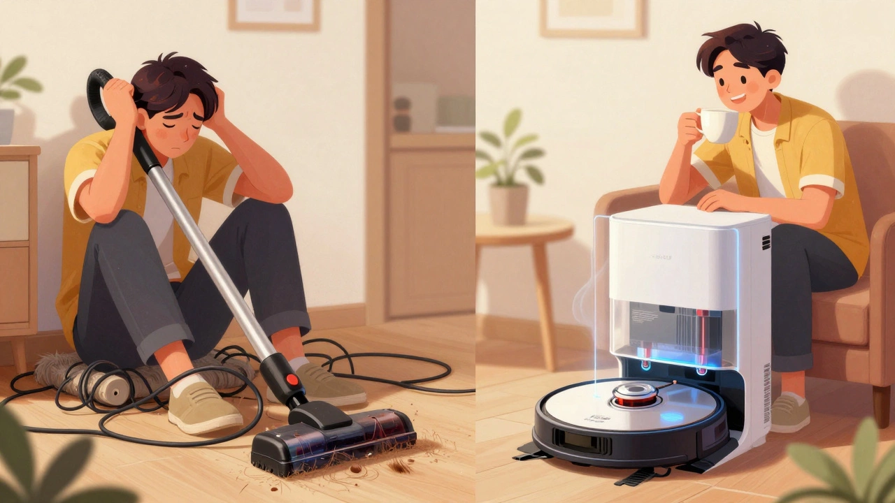 Split image: person struggling with old vacuum vs. calm person watching a robot clean automatically.