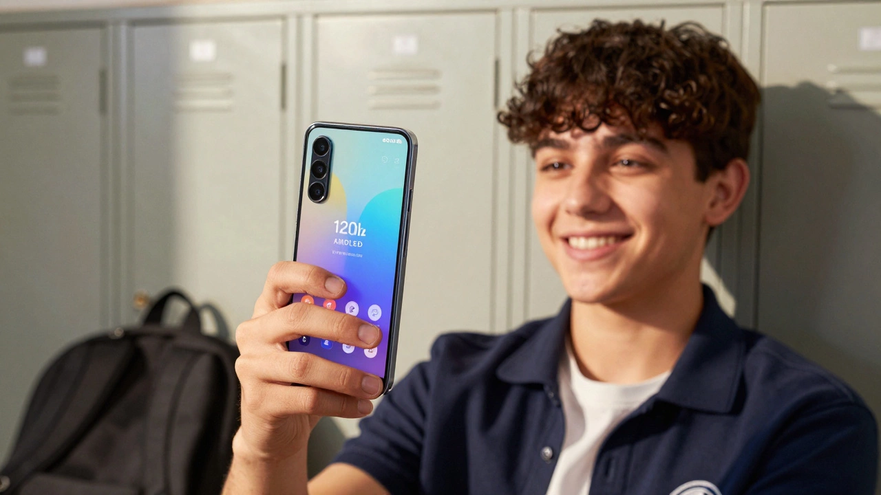 Teenager taking a selfie with Galaxy A55, matte back reflecting sunlight.